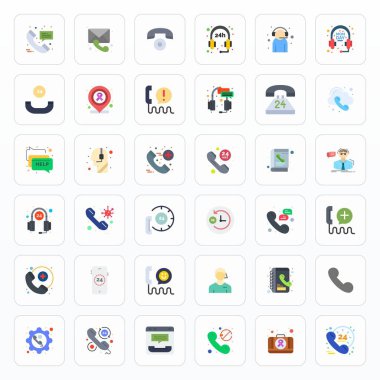 Yardım hattını temsil eden 36 yassı vektör simgesinden oluşan profesyonel sınıf koleksiyon, 128x128 şirket uygulamaları için mükemmel hassasiyeti göster.