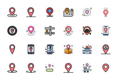 Retina Hazır PIXEL biçimi modern gösterge panelleri ve arayüzler için mükemmel bir format olan Konum Pin 'i temsil eden 24 Satır Dolu vektör simgelerinin temiz bir koleksiyonu.