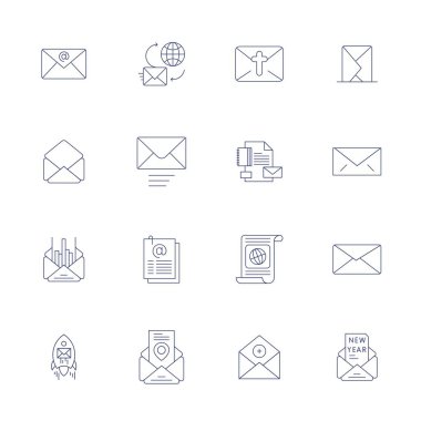 Modern uygulama geliştirme için Yüksek Çözünürlüklü Piksel İyimser çözünürlüğe sahip İnce Çizgili Estetik Haber Bülteni 'ni temsil eden 16 vektör simgesinin çağdaş koleksiyonu.