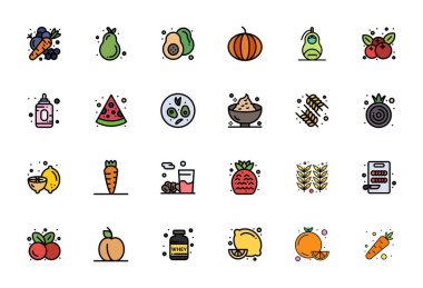 Yüksek çözünürlüklü pikselle optimize edilmiş, Hattaki Sağlıklı Yiyecekleri temsil eden 24 vektör simgesinin nihai koleksiyonu, maksimum etki için en yüksek çözünürlükte.