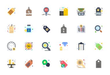 Fiyat temalı 24 vektör simgesinden oluşan kapsamlı araç gereç kiti, Yüksek Çözünürlüklü PIXEL PIXEL ile Düz içinde geliştirilmiş Çok yönlü tasarım uygulamaları için mükemmel hassasiyet.