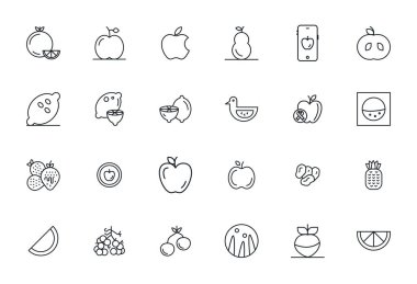 Bu Meyve Simgesi vektör paketi, 64x64 içerisinde 24 Kalın Satır tasarımını içerir. Mükemmel biçimi göster, dijital arayüzleri geliştirmek için mükemmeldir..