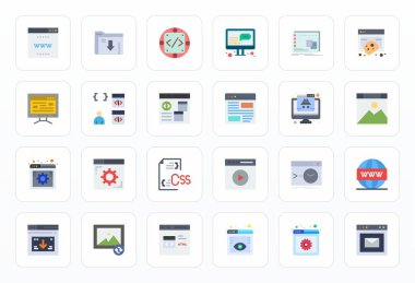 Tarayıcı etrafındaki 24 vektör simgesinden oluşan geleceğe hazır paket, 256x256 ile düz tasarım görüntüleme Yenilikçi kullanıcı arayüzleri için mükemmel berraklık.