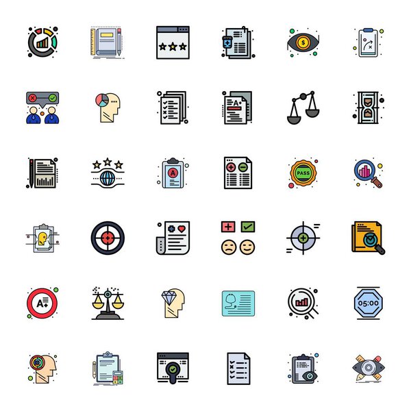 Курируемый пакет из 36 векторных значков 64x64 в дизайне с линией Заполненный, сосредоточенный вокруг оценочных концепций с сеткой Встроенная ясность.