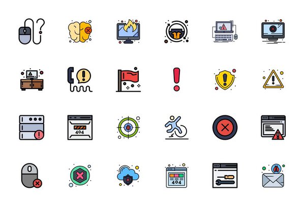 Готовый к будущему пакет из 24 векторных иконок на тему Ошибка, демонстрируя линию заполненный дизайн с Retina Ready PIXEL Идеальная ясность для инновационных пользовательских интерфейсов.