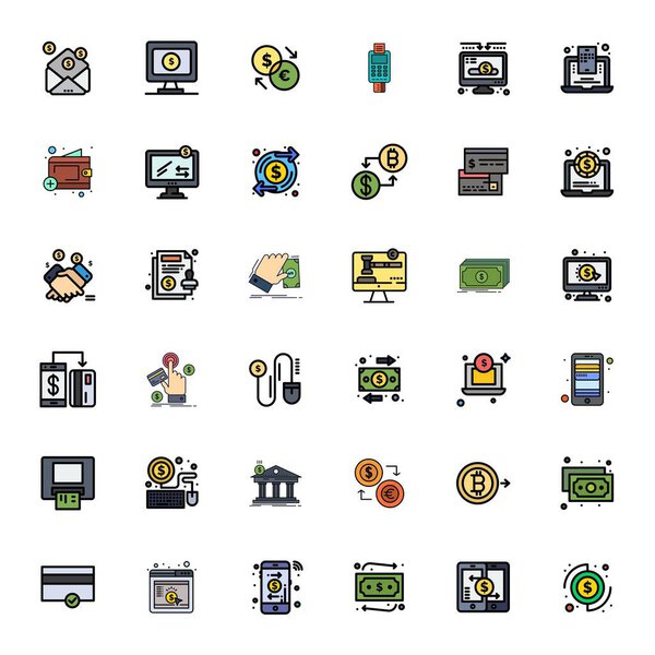 Задумчиво разработанные 36 векторных иконок вокруг финансовых транзакций, выполненные в плоской линии, заполненной деталями высокого разрешения Повышенная точность для потребностей современного дизайна.