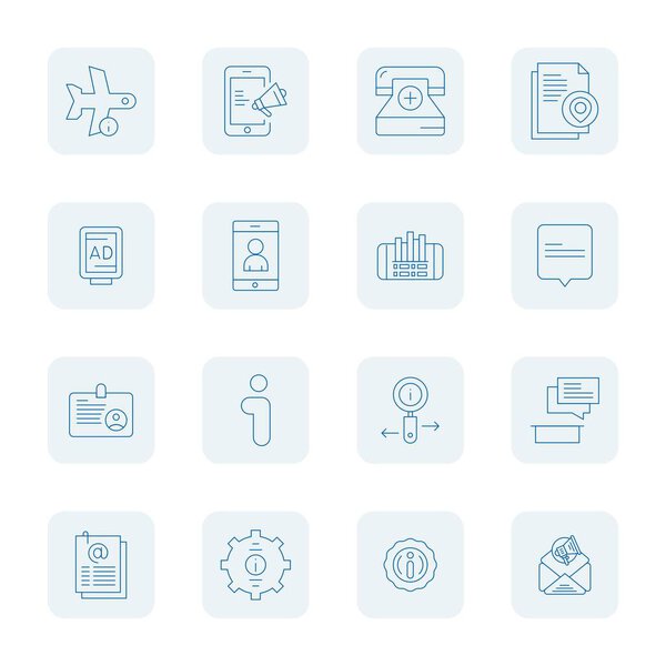 Готовый к будущему пакет из 16 векторных иконок на тему Info, демонстрирующий тонкий дизайн контура с сеткой высокого разрешения Встроенная ясность для инновационных пользовательских интерфейсов.