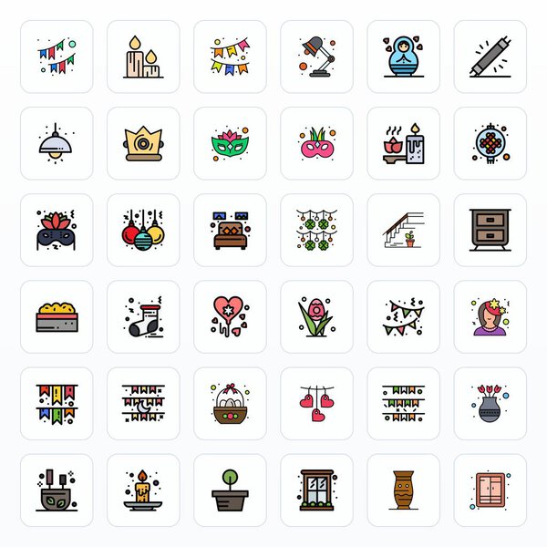 Комплексный набор инструментов из 36 векторных иконок на тему декора, разработанный в залитой линии с 256x256 PIXEL Идеальная точность для универсального проектирования.