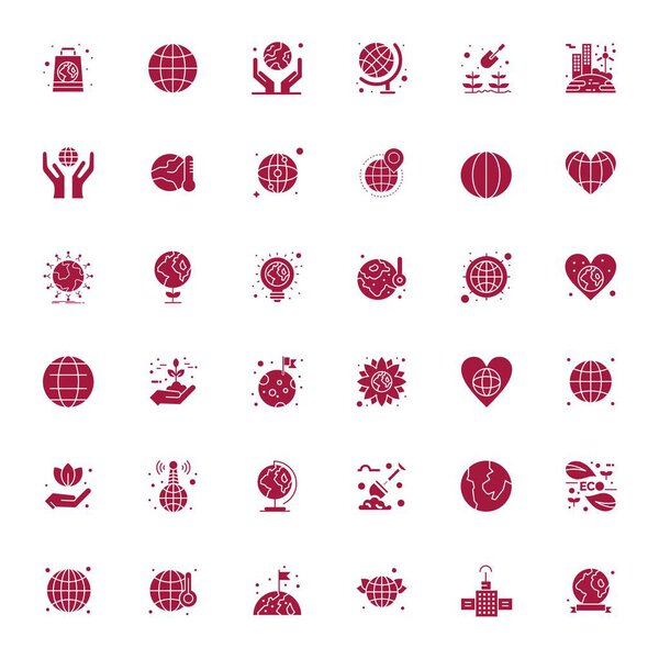 Set of 36 Filled Editable vector icons themed around Earth, crafted in High Resolution resolution for seamless integration in apps and websites.