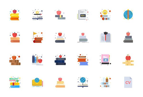 Ручная коллекция, включающая 24 иконки с плоским вектором для учебной программы, оптимизирована в высоком разрешении.