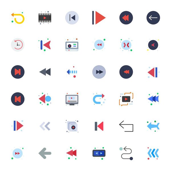 Загрузите 36 масштабируемых векторных иконок, предназначенных для перемотки, с разрешением 128x128 пикселей, подходящим для профессиональных и творческих проектов.