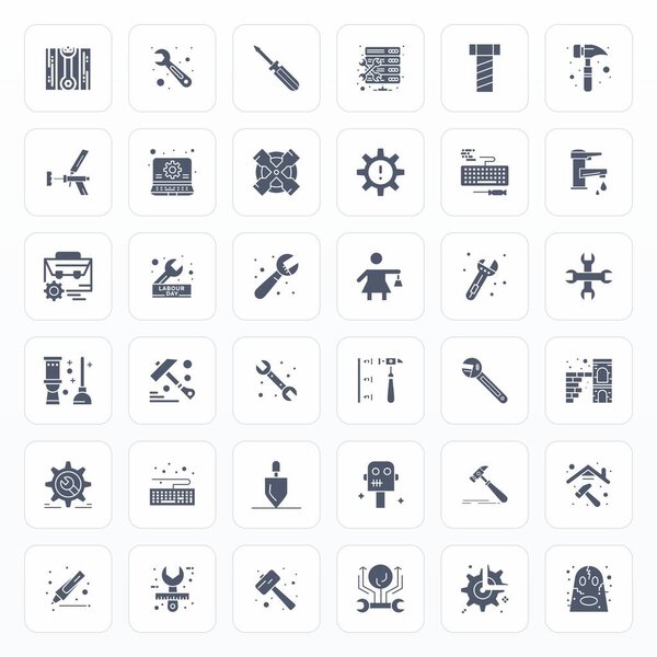 Комплексный набор инструментов из 36 векторных иконок на тему ремонта, разработанный в Glyph с Retina Ready Editable precision для универсальных дизайнерских приложений.