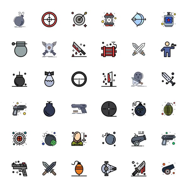 Коллекция из 36 плоских векторных линий, заполненных для Weapon, с точностью до 64 пикселей в разрешении Perfect для превосходного визуального воздействия.