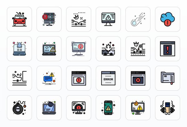 Sophisticated bundle of 24 Filled Line vector icons for Crash, engineered with Retina Ready Pixel Aligned clarity for professional applications.