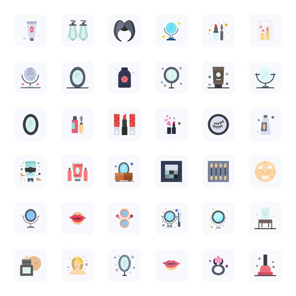 Полный пакет из 36 векторных иконок вокруг макияжа, демонстрирующих плоский дизайн в Retina Ready Editable качества для современных интерфейсов.