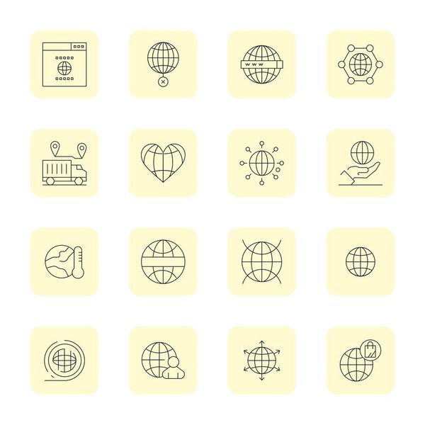 Exceptional collection of 16 Thin Outline vector icons for Global, delivered in 64x64 Editable resolution for unparalleled visual excellence and usability.