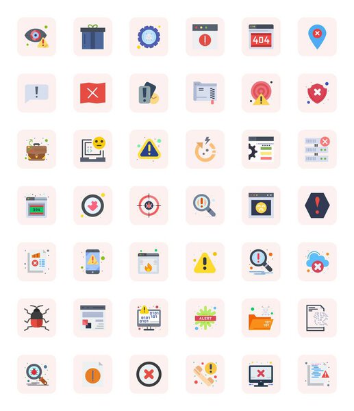 Стратегический пакет с 42 векторными значками, представляющими ошибку в плоском формате, оптимизированный с качеством 256x256 пикселей выравнивания для профессиональных рабочих процессов.