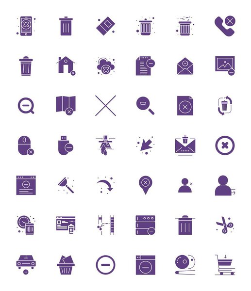 Чистая коллекция 42 заполненных векторных значков, представляющих Remove, разработанная в формате 64x64 Editable для современных панелей мониторинга и интерфейсов.