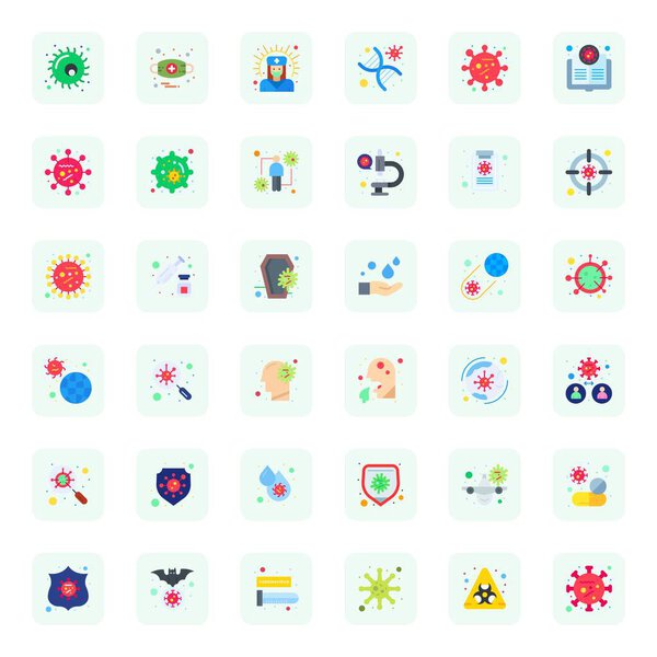 Innovative pack of 36 vector icons themed around Epidemic, showcasing Flat design in 64x64 Grid Fitted format for modern digital solutions.