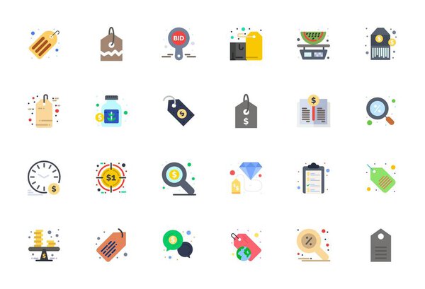 Комплексный набор инструментов из 24 векторных иконок, связанных с ценообразованием, разработанный в плоском исполнении с высоким разрешением PIXEL Идеальная точность для универсального проектирования.