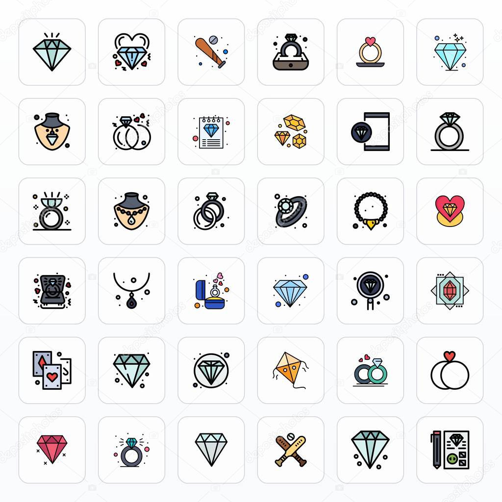 Sophisticated bundle of 36 Filled Line vector icons for Diamond, engineered with 128x128 PIXEL Perfect clarity for professional applications.
