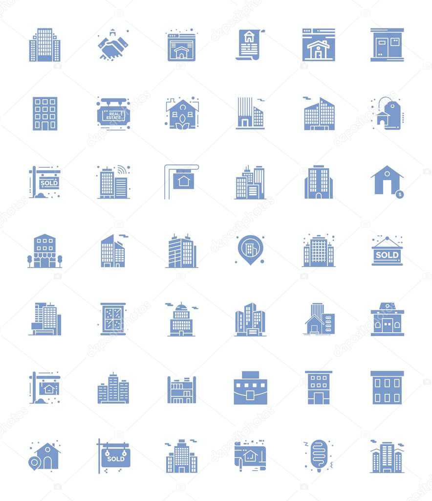 Streamlined set of 42 vector icons for Realestate in Filled aesthetic, featuring High Resolution PIXEL Perfect resolution for seamless user experiences.