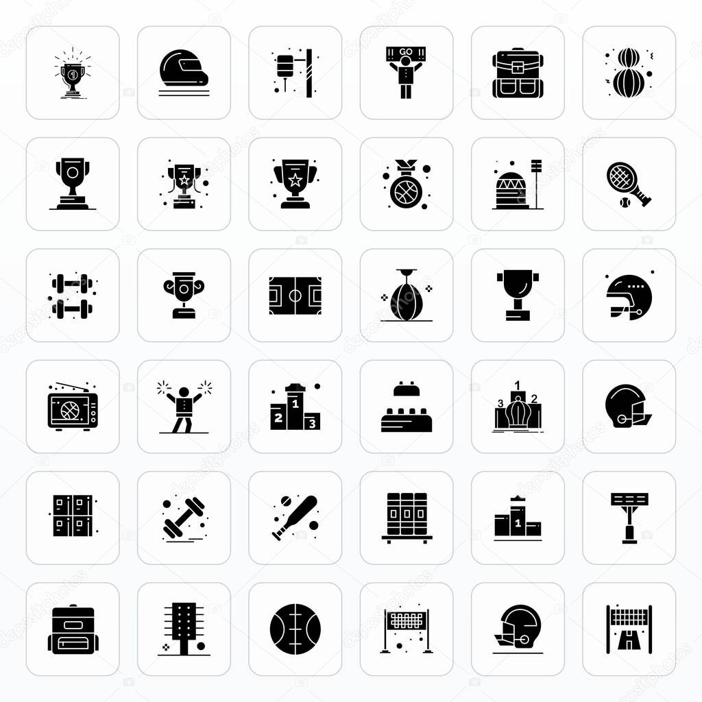 Comprehensive bundle featuring 36 vector icons in Glyph design for Sports, delivered in crisp 256x256 Editable quality.