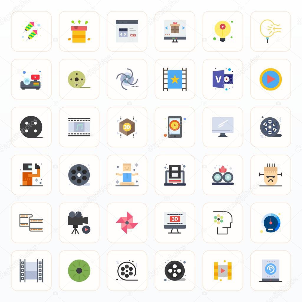 Curated pack of 36 256x256 vector icons in Flat design, centered around Animation concepts with Display Perfect clarity.