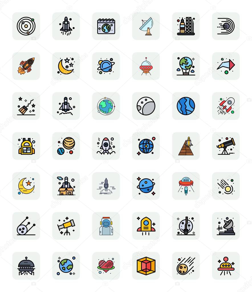 A dynamic set of 42 vector icons in LineFilled, tailored for Space with 128x128 Pixel Aligned quality suited for digital products.