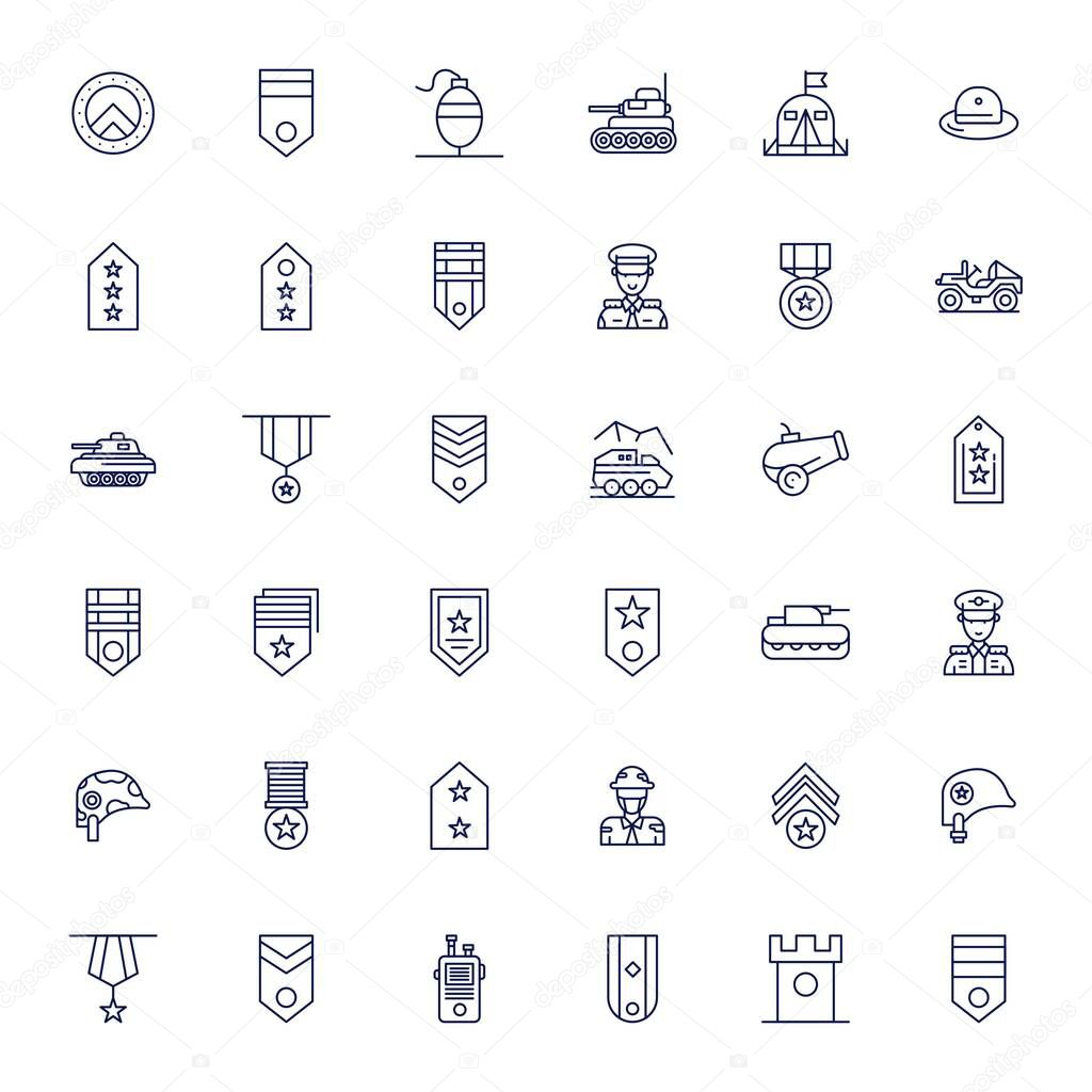 Advanced collection of 36 PIXEL Perfect vector icons inspired by Army, crafted in Bold Line with Retina Ready optimization for superior visual performance.