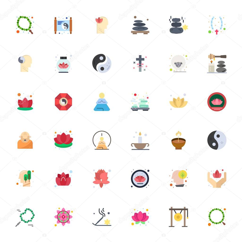 A versatile set of 36 Flat Grid Fitted vector icons focused on Meditation, delivered in crisp 256x256 format ideal for mobile and web applications.