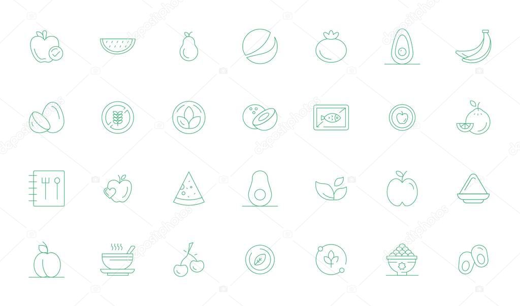 Carefully curated 28 Thin Line vector icons for Vegetarian, featuring Retina Ready Detail Enhanced resolution for consistent brand representation and user experience.