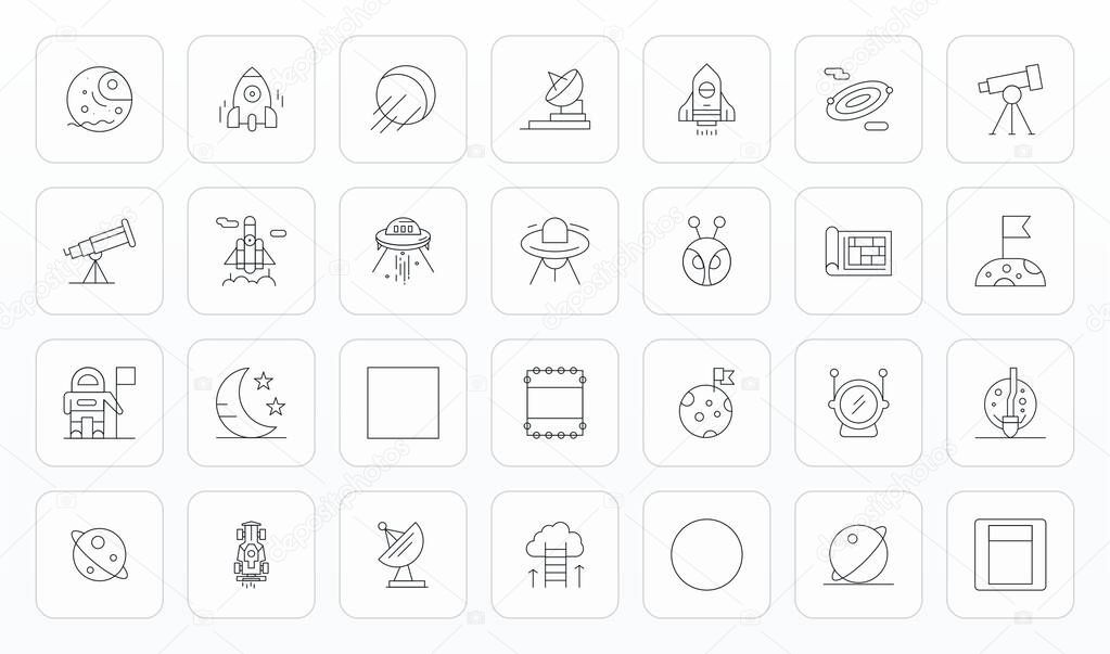 Strategic bundle featuring 28 vector icons representing Space in Thin Line format, optimized with 256x256 Grid Fitted quality for professional workflows.