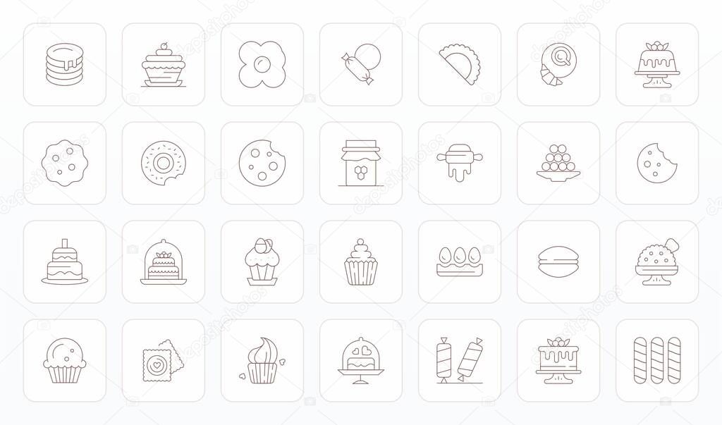 High-performance collection of 28 Thin Line vector icons for Bakery, engineered with High Resolution PIXEL Perfect resolution for optimal user interface design.
