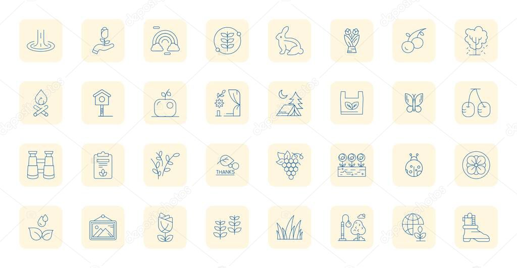 Vector pack with 32 Thin Outline PIXEL Perfect icons inspired by Nature, delivered in 256x256 resolution ideal for scalable and creative design work.