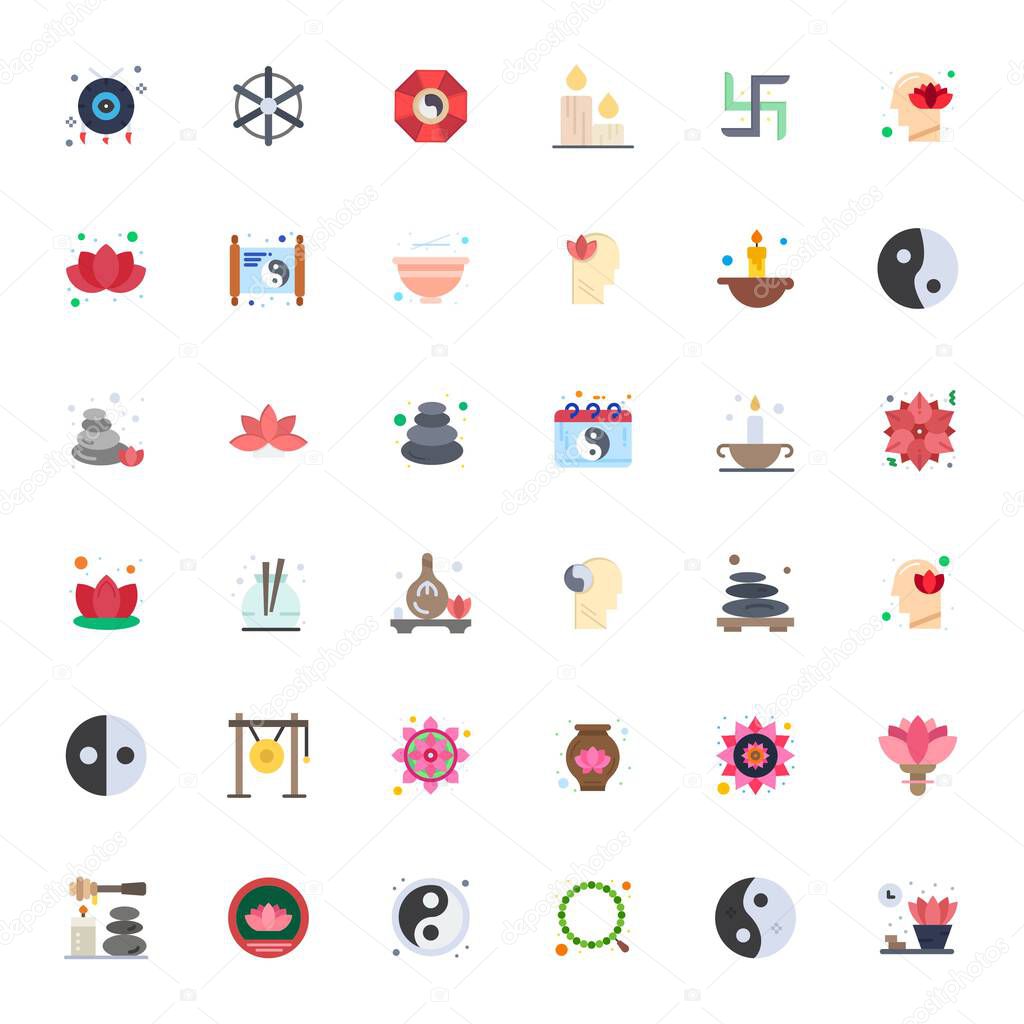 Future-ready pack of 36 vector icons themed around Meditation, showcasing Flat design with Retina Ready Display Perfect clarity for innovative user interfaces.