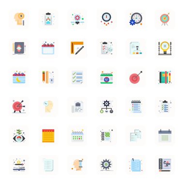 36 Düz Görünüm Koleksiyonu Planlama için mükemmel vektör simgeleri, 128x128 biçiminde tasarım netlik ve çok yönlülük için.