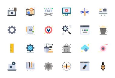 Yeni nesil arayüzler için Yüksek Çözünürlüklü Düz formatta oluşturulan 24 Düzenlenebilir vektör simgesinin yer aldığı son teknoloji ürünü paket.