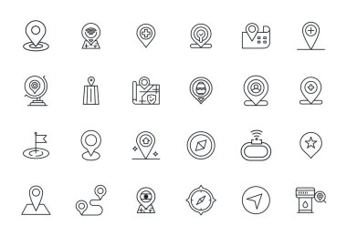 Kalın Çizgili Estetik Gps için 24 vektör simgesinden oluşan modernize edilmiş set, 64x64 Detaylı Gelişmiş kullanıcı deneyimleri için çözünürlük.