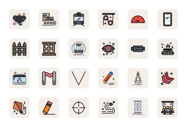 Bu koleksiyon, dijital tasarım için 64x64 biçiminde optimize edilmiş, Satır temasına uyarlanmış 24 Satır İçi Dolu Pixel Hizalanmış vektör simgesine sahiptir..