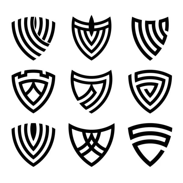 Beyaz arkaplanda vektör siyah kalkan simgesi ayarlandı