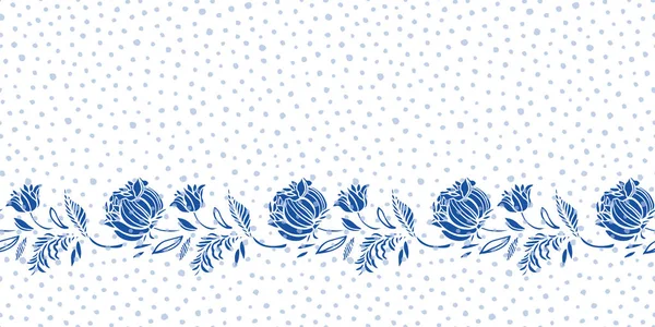 Ретро синий фарфор ботанический тюльпан границы на пунктирном фоне. Элегантный ручной рисунок. Лицензионные Стоковые Иллюстрации