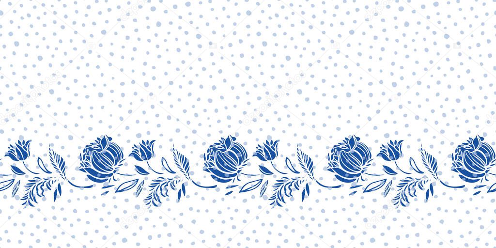 Retro blue porcelain botany tulip border on dotted background. Elegant hand drawn floral design.
