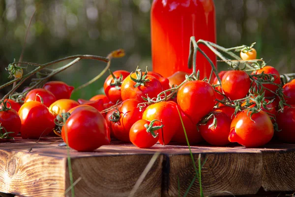 Pomidory Sokiem Pomidorowym Świeże Zbiory Drewnianej Desce Lesie — Zdjęcie stockowe