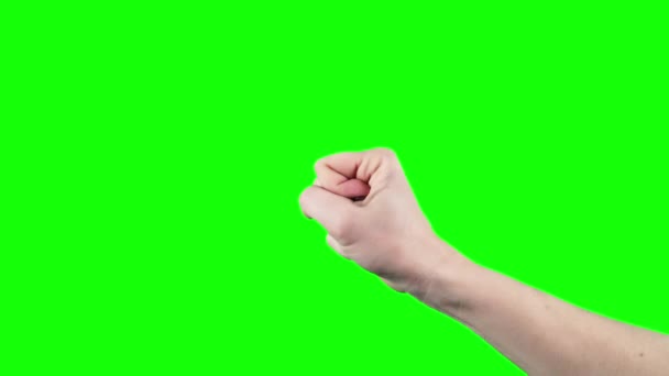 Женская белая рука показывает кулак на зеленом экране. Жесты пальцев на хроматическом ключе — стоковое видео