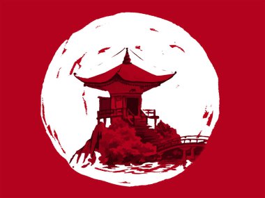 Geleneksel Japon sumi tablosu. Fuji dağı, sakura, gün batımı. Japon güneşi. Hint mürekkebi çizimi. Japon filmi. Vektör çizimi.