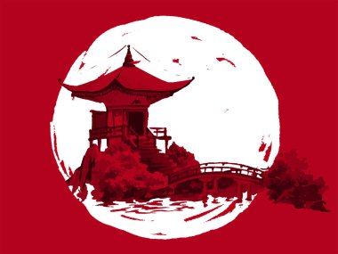 Geleneksel Japon sumi tablosu. Fuji dağı, sakura, gün batımı. Japon güneşi. Hint mürekkebi çizimi. Japon filmi. Vektör çizimi.