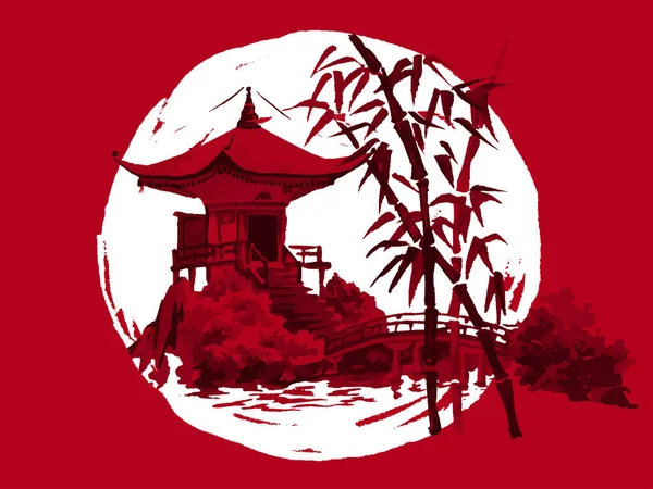 Японская традиционная суми-э живопись. Фудзи гора, сакура, закат. Солнце Японии. Индийская иллюстрация чернил. Японская фотография. Векторный рисунок. — стоковый вектор
