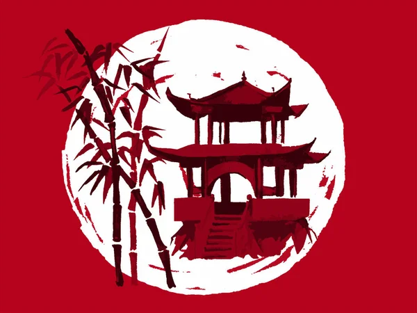 Geleneksel Japon sumi tablosu. Fuji dağı, sakura, gün batımı. Japon güneşi. Hint mürekkebi çizimi. Japon filmi. Vektör çizimi.