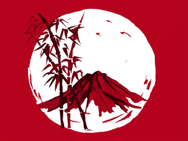 Geleneksel Japon sumi tablosu. Fuji dağı, sakura, gün batımı. Japon güneşi. Hint mürekkebi çizimi. Japon filmi. Vektör çizimi.